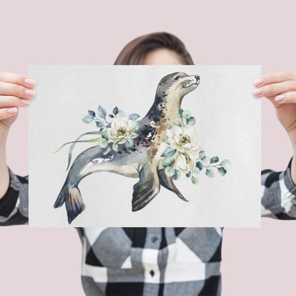 Sea Lion Watercolor Illustration Wall Art Print Poster Unframed - Picture 2 of 9